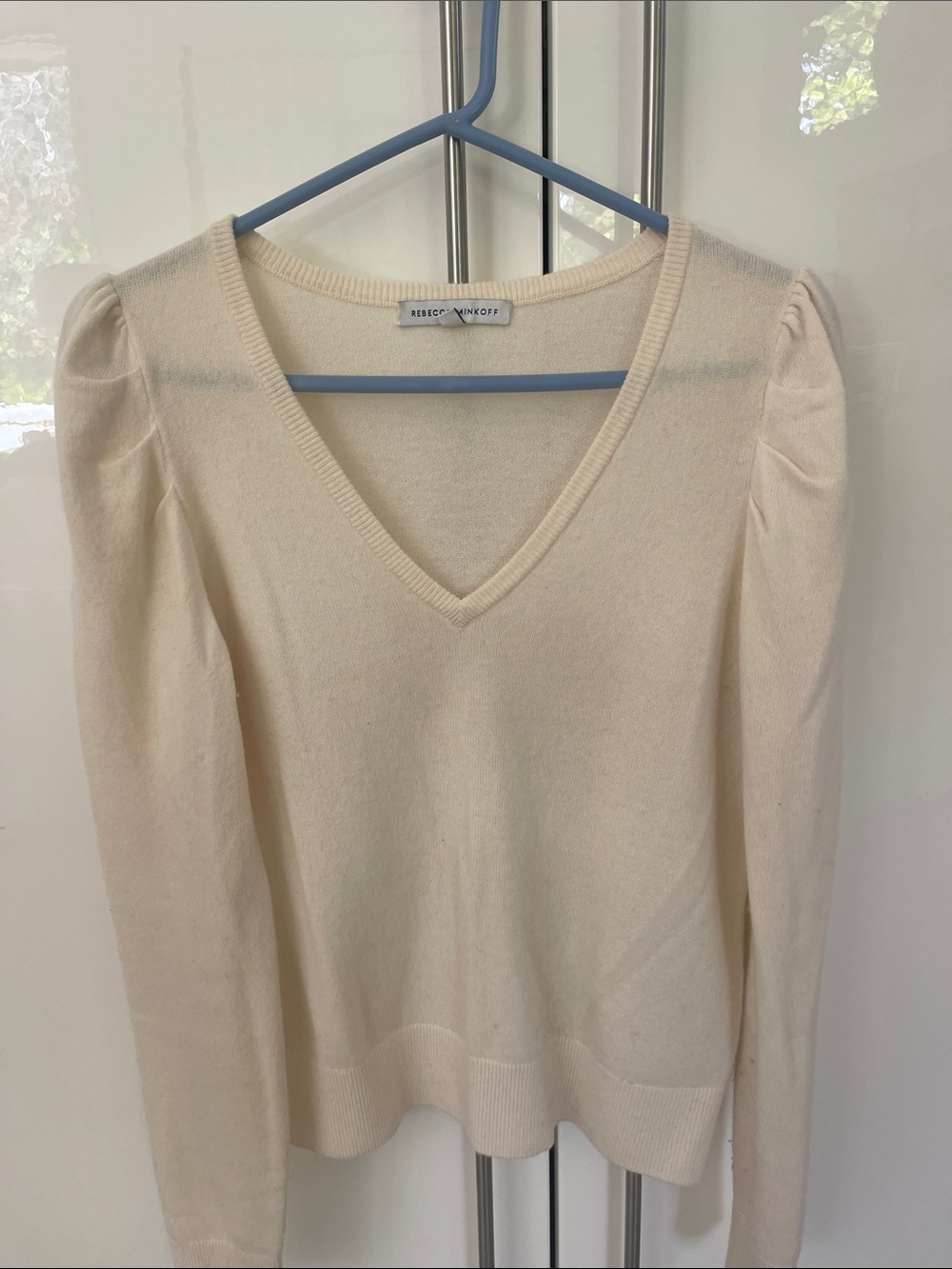 Rebecca Minkoff Cream V-Neck Puff Sleeve Knit Sweater